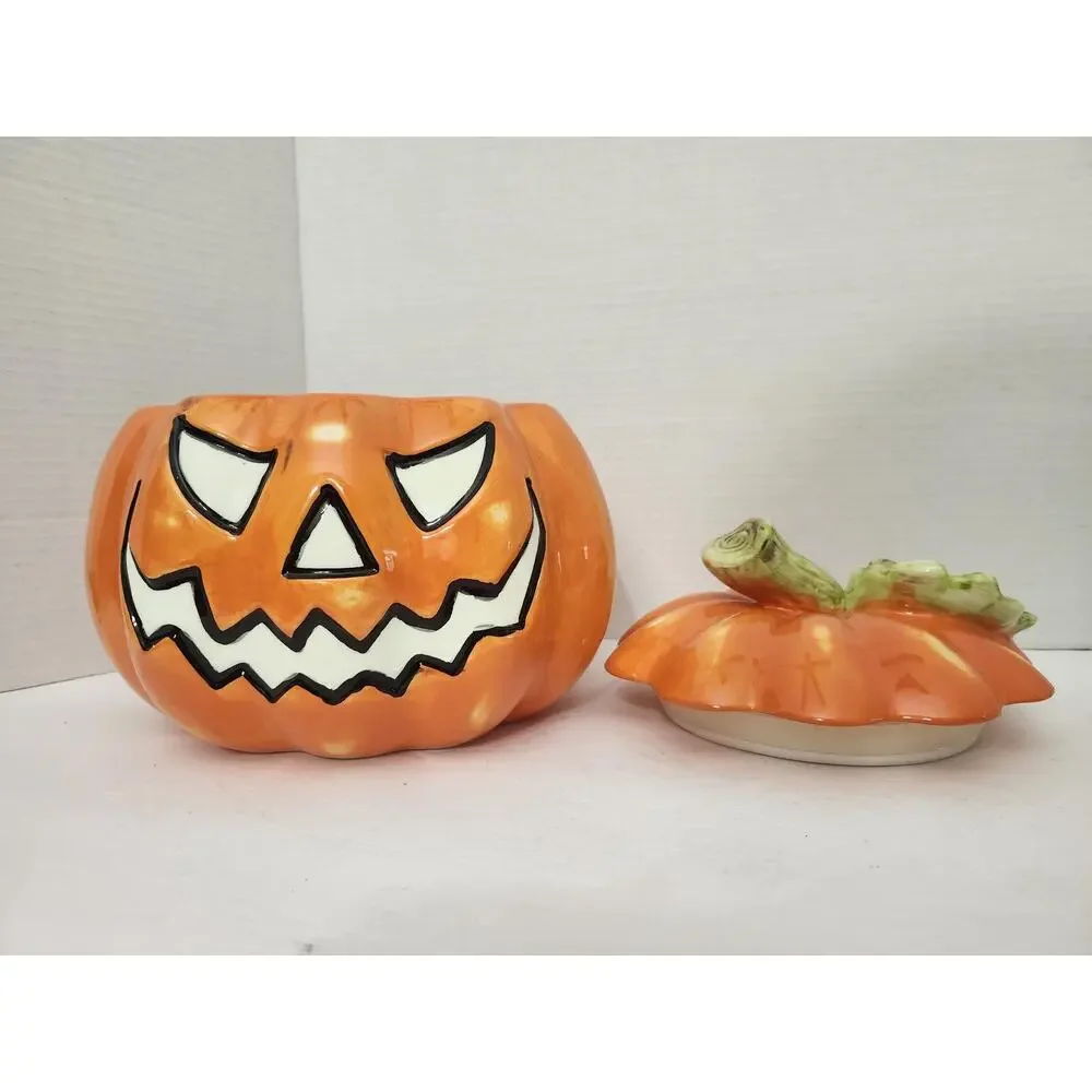 David's Cookies Halloween Pumpkin Ceramic Cookie Jar Jack O Lantern 2 Sided
